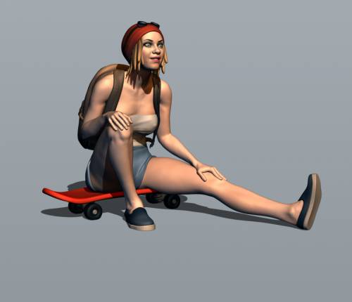 Девушка сидит на скейтборде. Рендер. Фигурка из серии "Скейтбордистка".
Модель 0685